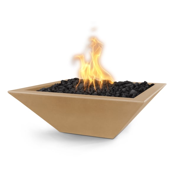 The Outdoor Plus 24 Square Maya Fire Bowl - GFRC Concrete - Brown - Low Voltage Electronic Ignition - Natural Gas - OPT-24SFOE12V-BRN-NG