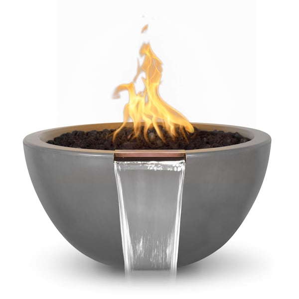 The Outdoor Plus 30 Round Luna Fire & Water Bowl, GFRC Concrete, Natural Gray, Match Lit with Flame Sense, Natural Gas - OPT-LUNFW30FSML-NGY-NG
