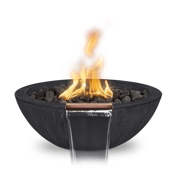 The Outdoor Plus 27 Round Sedona Fire, Water Bowl, Wood Grain GFRC Concrete, Ebony, Match Lit w/Flame Sense, Liq. Propane - OPT-27RWGFWFSML-EBN-LP