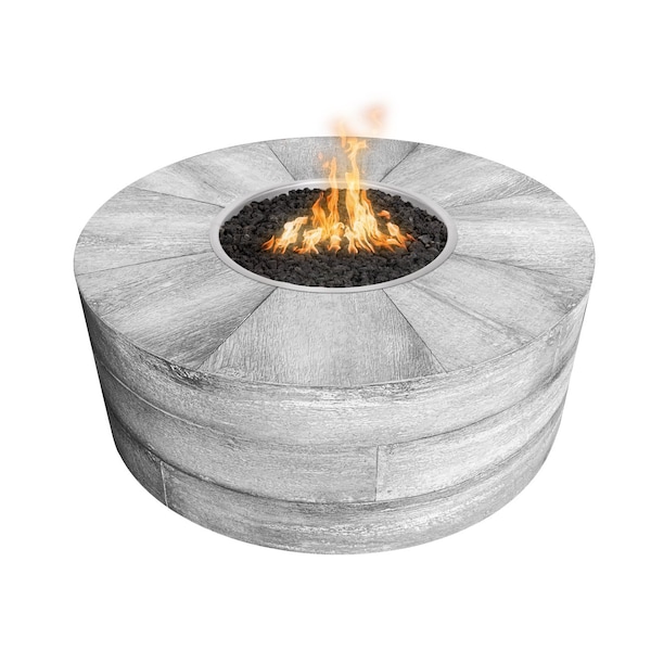 The Outdoor Plus 42 Round Seqouia Fire Pit, Wood Grain GFRC Concrete, Ivory, Play Electronic Ignition, Liquid Propane - OPT-SEQ42LWEKIT-IVY-LP