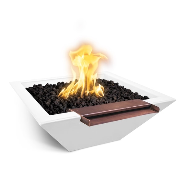 The Outdoor Plus 24 Square Maya Fire & Water Bowl - GFRC Concrete - White - Match Lit - Liquid Propane - OPT-24SFWWS-LIM-LP
