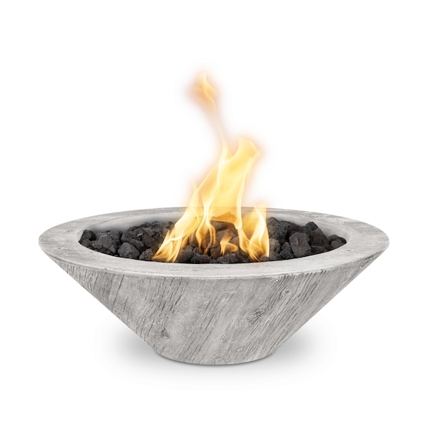 The Outdoor Plus 32 Round Cazo Fire Bowl, Wood Grain GFRC Concrete, Ivory, Match Lit with Flame Sense, Liquid Propane - OPT-32RWGFOFSML-IVY-LP