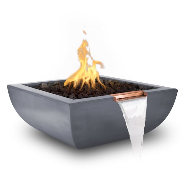 The Outdoor Plus 24 Square Avalon Fire & Water Bowl, GFRC Concrete, Gray, Low Voltage Electronic Ignition, Natural Gas - OPT-AVLFW24E12V-GRY-NG