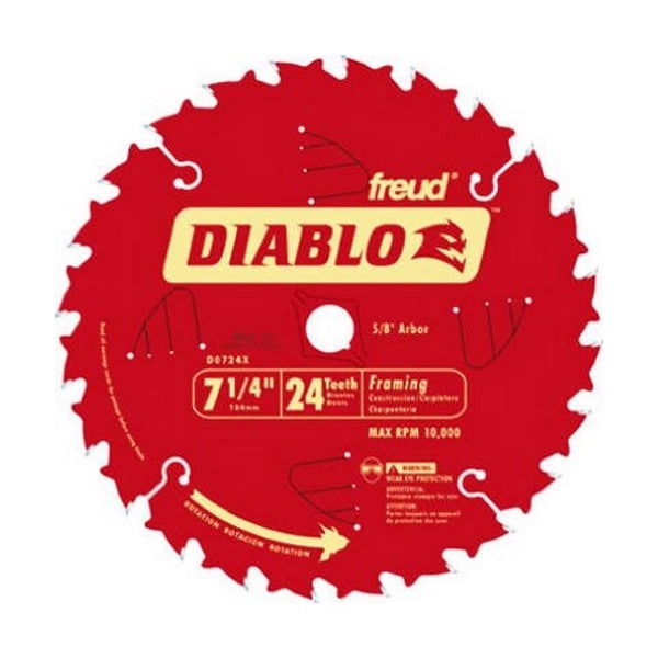 Diablo 7-1/4" 24 Tooth Atb Framing Saw Blade w/ 5/8" & Diamond Knockout Arbor - D0724A