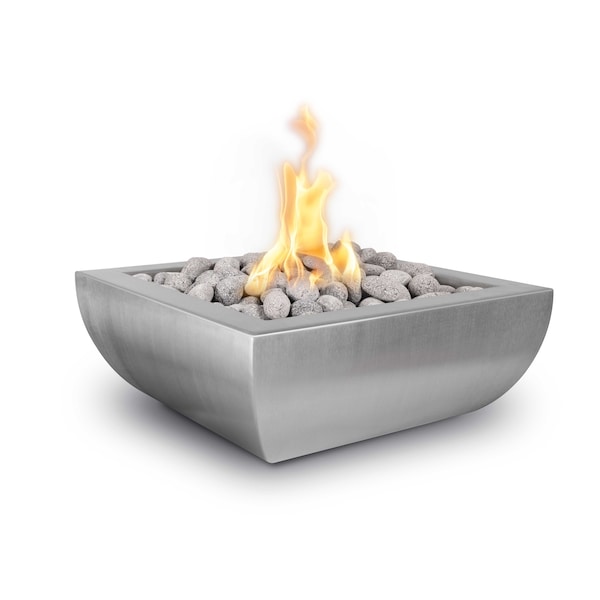 The Outdoor Plus 24 Square Avalon Fire Bowl - Stainless Steel - Match Lit with Flame Sense - Liquid Propane - OPT-24AVSSFFSML-LP