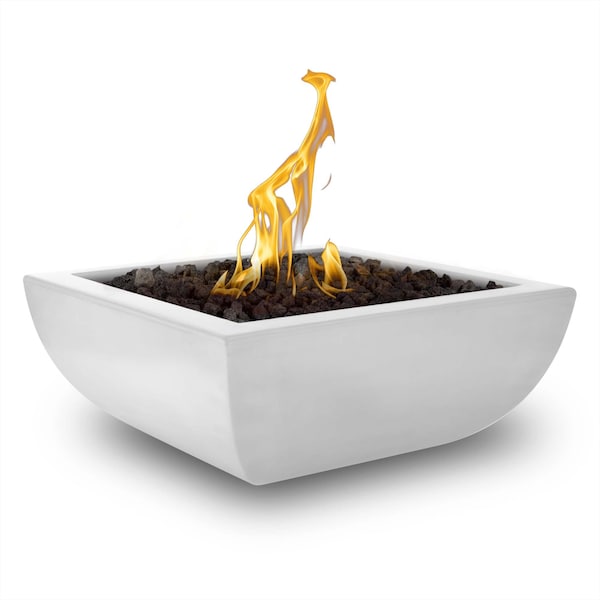 The Outdoor Plus 36 Square Avalon Fire Bowl, GFRC Concrete, White, Low Voltage Electronic Ignition, Liquid Propane - OPT-AVLFO36E12V-LIM-LP