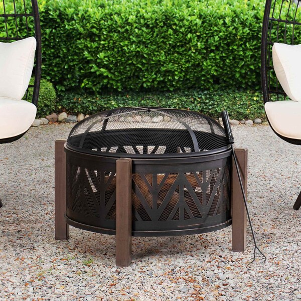 Sunjoy 27 in Steel Wood Burning Fire Pit with Spark Screen and Poker for Patio, Black - A301016500