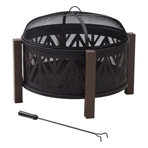Sunjoy 27 in Steel Wood Burning Fire Pit with Spark Screen and Poker for Patio, Black - A301016500