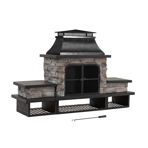 Sunjoy Wood Burning Fireplace, Black, Steel, with Chimney, Spark Screen Doors, and Poker - A304001201