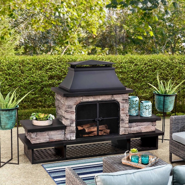 Sunjoy Wood Burning Fireplace, Black, Steel, with Chimney, Spark Screen Doors, and Poker - A304001201