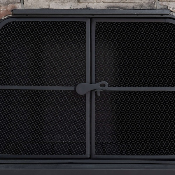 Sunjoy Wood Burning Fireplace, Black, Steel, with Chimney, Spark Screen Doors, and Poker - A304001201