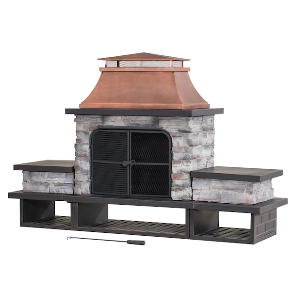 Sunjoy Wood Burning Fireplace, Copper/Black, Steel, with Chimney, Spark Screen Doors, and Poker - A304001200