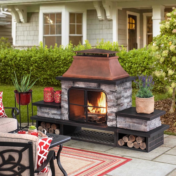Sunjoy Wood Burning Fireplace, Copper/Black, Steel, with Chimney, Spark Screen Doors, and Poker - A304001200