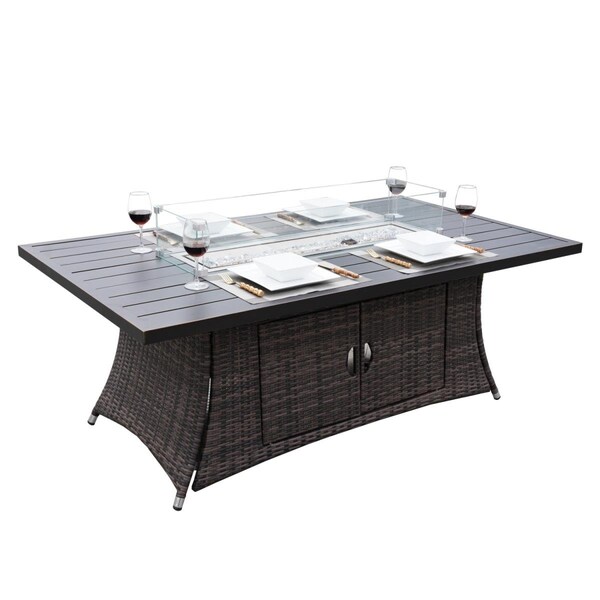 Claustro Outdoor Patio Rattan Gas Fire Pit Rectangle Dining Table, Brown - CL2947850