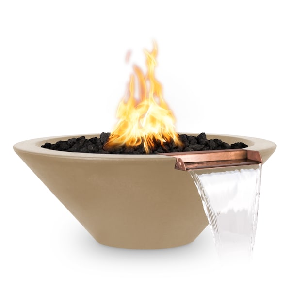The Outdoor Plus 36 Round Cazo Fire & Water Bowl, GFRC Concrete, Brown, Low Voltage Electronic Ignition, Natural Gas - OPT-36RFWE12V-BRN-NG