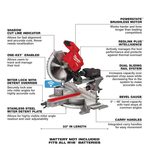 Milwaukee Tool M18 FUEL 12” Dual Bevel Sliding Compound Miter Saw – Tool Only - 2739-20