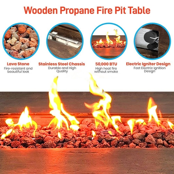 Serenelife Propane Gas Fire Pit Table - 50,000 BTU Square Gas Firepits with Cover for Outside - SLCNX76