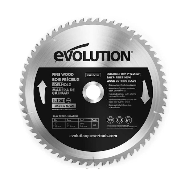 Evolution 10" 60T, 1" Arbor, Tungsten Carbide Tipped Fine Wood Cutting Blade (Fits Miter Saws And Table Saws) - FW255TCT-60