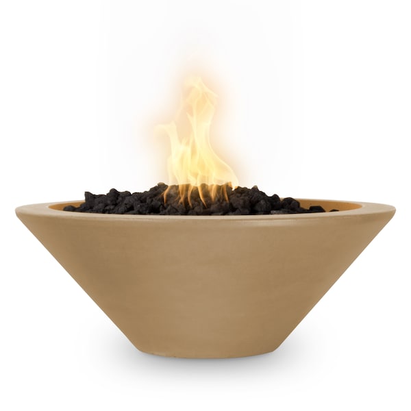 The Outdoor Plus 48 Round Cazo Fire Bowl - GFRC Concrete - Brown - Match Lit with Flame Sense - Liquid Propane - OPT-48RFOFSML-BRN-LP