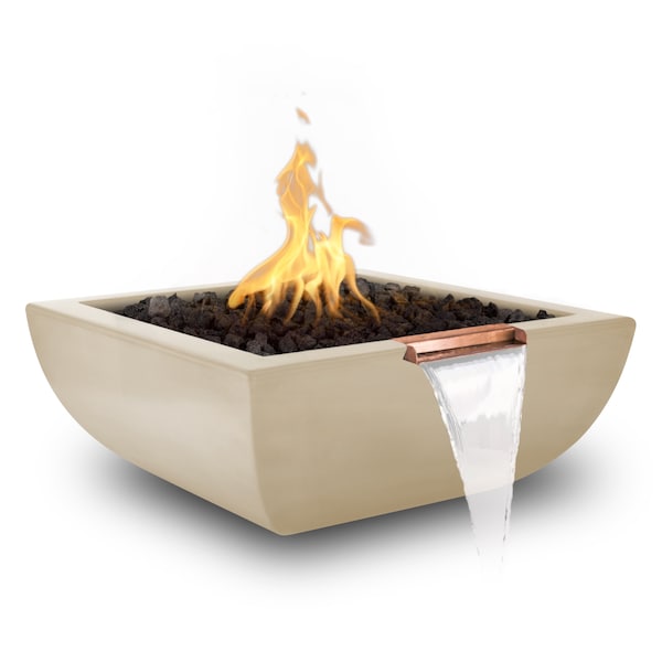 The Outdoor Plus 30 Square Avalon Fire & Water Bowl, GFRC Concrete, Vanilla, Match Lit with Flame Sense, Liquid Propane - OPT-AVLFW30FSML-VAN-LP