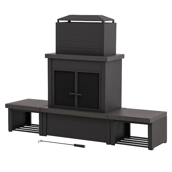 Sunjoy Wood Burning Fireplace, Black/Dark Gray, Steel, with Chimney, Spark Screen, Wood Storage, and Cover - A304004832