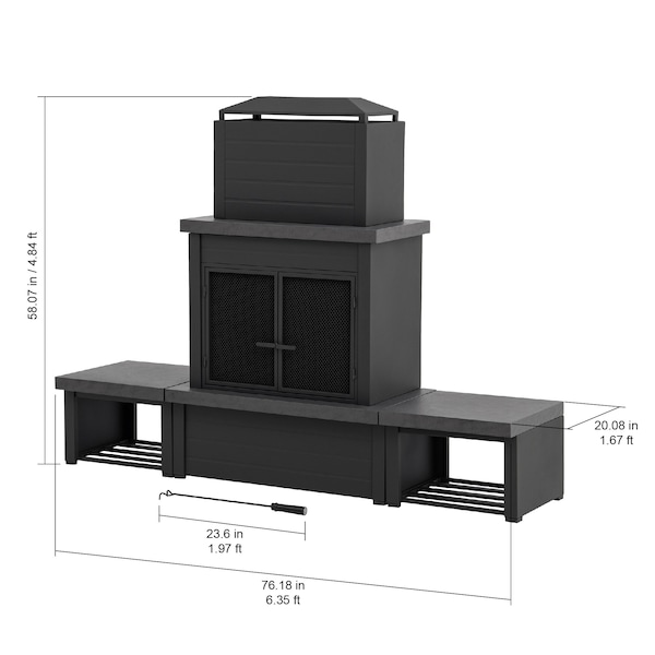 Sunjoy Wood Burning Fireplace, Black/Dark Gray, Steel, with Chimney, Spark Screen, Wood Storage, and Cover - A304004832