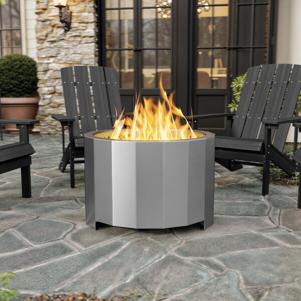 Flash Furniture Titus 27 inch Smokeless Outdoor Firepit, Natural Wood Burning w/Waterproof Cover, Stainless Steel - BLN-HY-B-2201FP-03-27-SS-GG