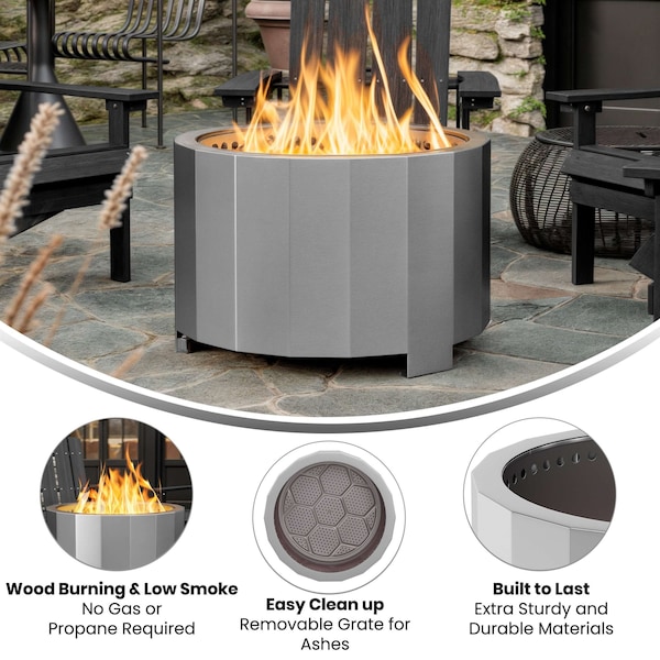 Flash Furniture Titus 27 inch Smokeless Outdoor Firepit, Natural Wood Burning w/Waterproof Cover, Stainless Steel - BLN-HY-B-2201FP-03-27-SS-GG