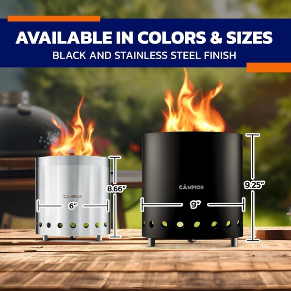 Campior Wood Burning Fire Pit Stove, Smokeless, Stainless Steel, Removable Ash Pan, Stand, Carry Bag - LFSTVM33