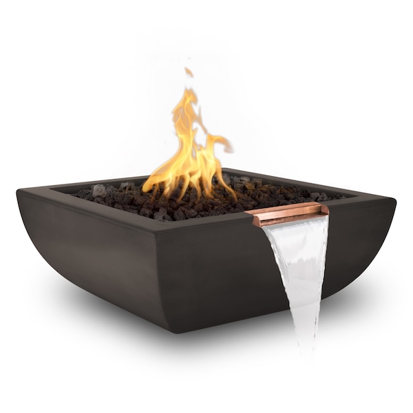The Outdoor Plus 36 Square Avalon Fire & Water Bowl - GFRC Concrete - Chocolate - Match Lit - Liquid Propane - OPT-AVLFW36-CHC-LP