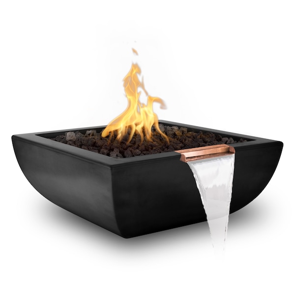 The Outdoor Plus 36 Square Avalon Fire & Water Bowl, GFRC Concrete, Black, Match Lit with Flame Sense, Natural Gas - OPT-AVLFW36FSML-BLK-NG