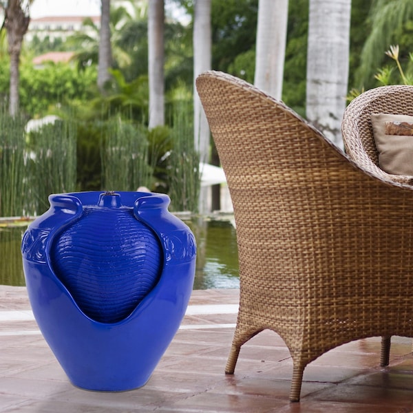 Pure Garden Outdoor Jar Water Fountain with Electric Pump and LED Light, Cobalt Blue - 50-LG1184