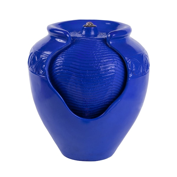 Pure Garden Outdoor Jar Water Fountain with Electric Pump and LED Light, Cobalt Blue - 50-LG1184