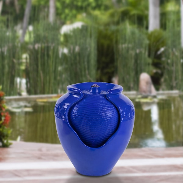 Pure Garden Outdoor Jar Water Fountain with Electric Pump and LED Light, Cobalt Blue - 50-LG1184