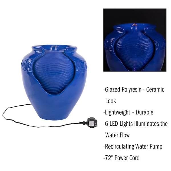 Pure Garden Outdoor Jar Water Fountain with Electric Pump and LED Light, Cobalt Blue - 50-LG1184