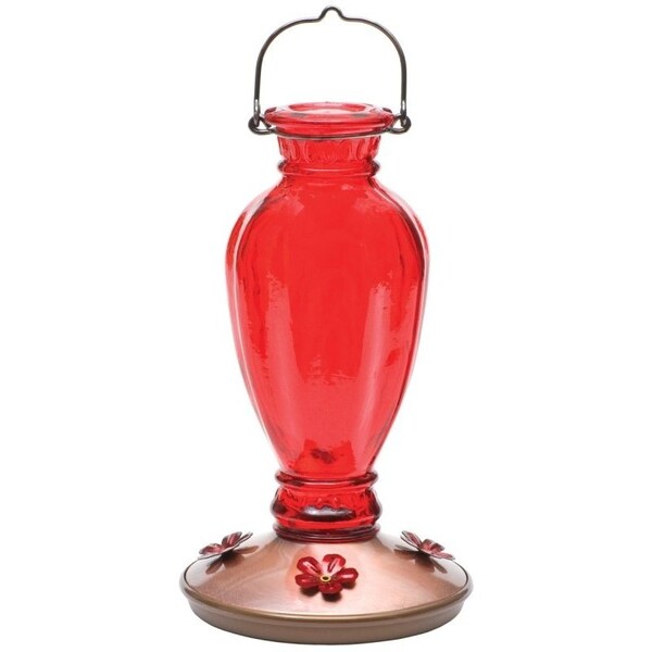 Perky-Pet Bird Feeder, Daisy Vase Vintage, 18 oz, 4-Port/Perch, Glass, Red, 12.7 in H - 8133-2