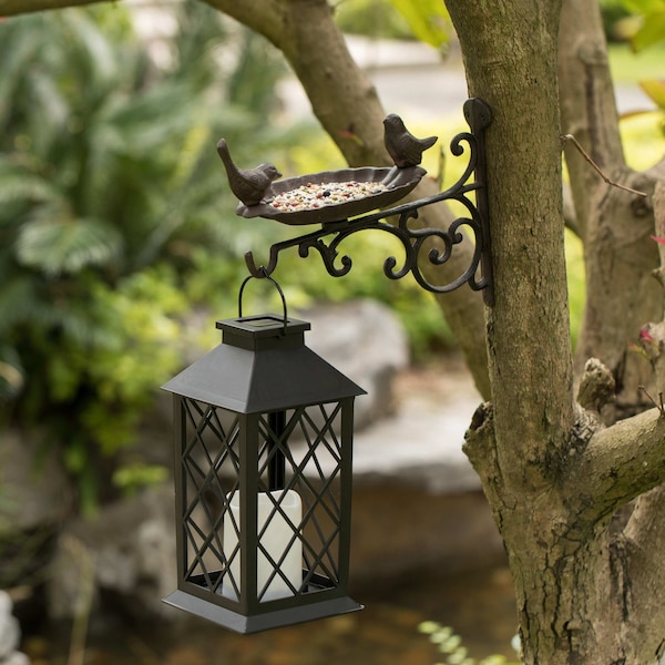 Gardenised Outdoor Garden Wall Mounted Hanging Iron Bird Bath and Feeder Decor, Bronze - QI004530