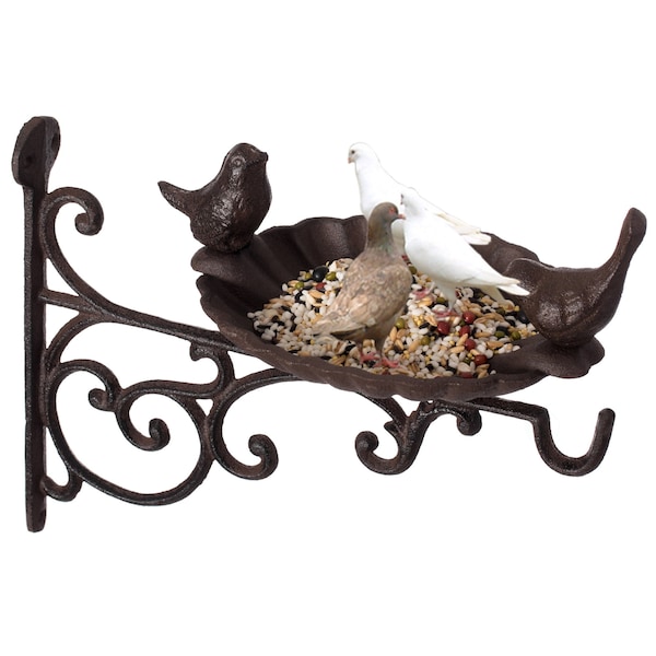Gardenised Outdoor Garden Wall Mounted Hanging Iron Bird Bath and Feeder Decor, Bronze - QI004530