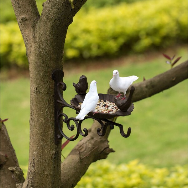 Gardenised Outdoor Garden Wall Mounted Hanging Iron Bird Bath and Feeder Decor, Bronze - QI004530