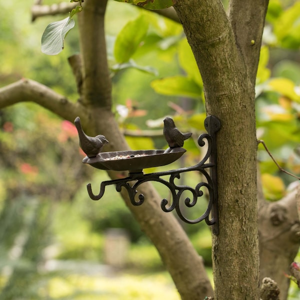 Gardenised Outdoor Garden Wall Mounted Hanging Iron Bird Bath and Feeder Decor, Bronze - QI004530