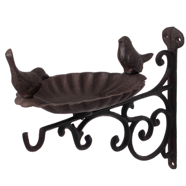 Gardenised Outdoor Garden Wall Mounted Hanging Iron Bird Bath and Feeder Decor, Bronze - QI004530