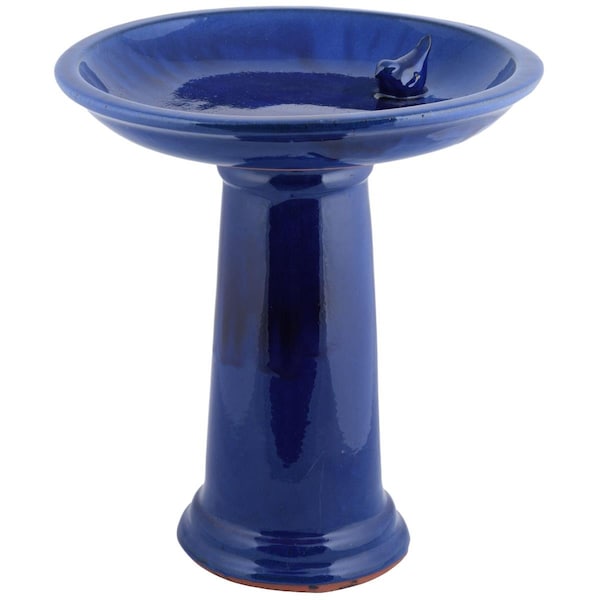 Groupiegroupie Ceramic Bird Bath on Pedestal with Bird, Teal - GR3755953