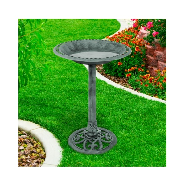 Nature Spring Antique Bird Bath Weather Resistant Resin, Vintage Scroll Design, 3 Ground Stakes for Outdoor Decor - 987193YFN
