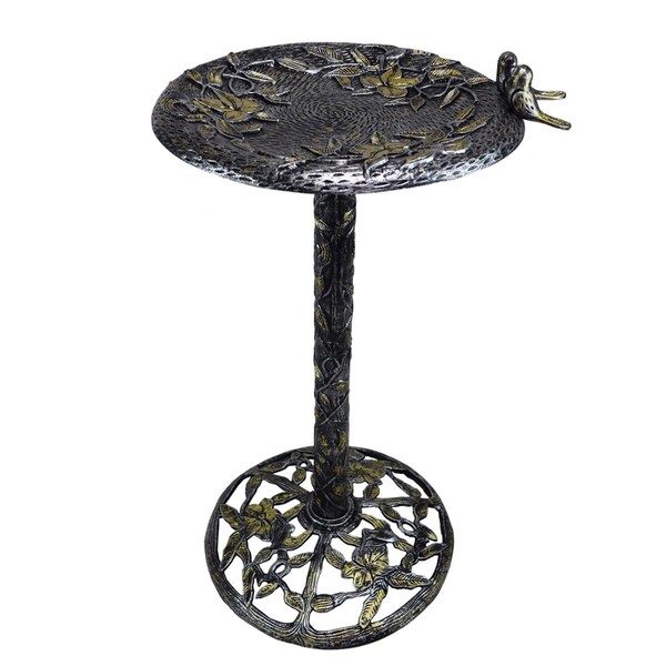 Catgato 34 in. Handmade Solid Tall Black & Gold Cast Aluminum Bird Bath w/Twin Singing Birds, Antique Slvr - CA2628468