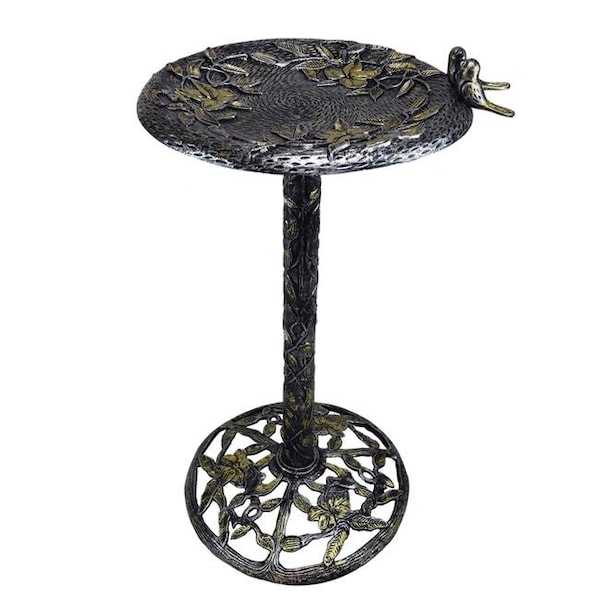 Oakland Living Corporation Oakland Living TWINBIRDS-BB-AS 34 in. Handmade Solid Heavy Tall Black & Gold Cast Aluminum High Quality Metal Bird Bath with Twin Singing Birds; Antique Silver - TWINBIRDS-BB-AS