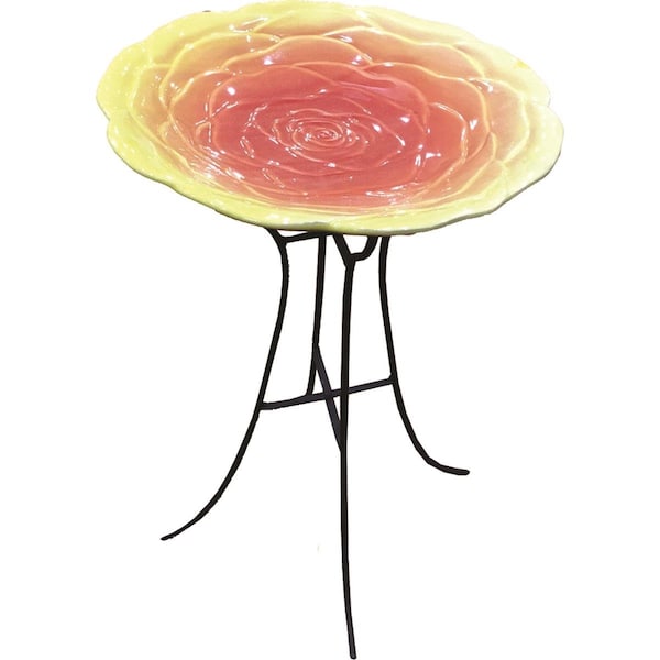 Attractiveatractivo 22 in. High Ceramic Yellow Rose Birdbath with Metal Stand - AT2688411