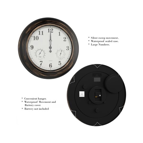 Nature Spring Wall Clock Thermometer, Indoor/Outdoor Decorative 18-inch Quartz Battery-Powered, Waterproof - 501000UDC