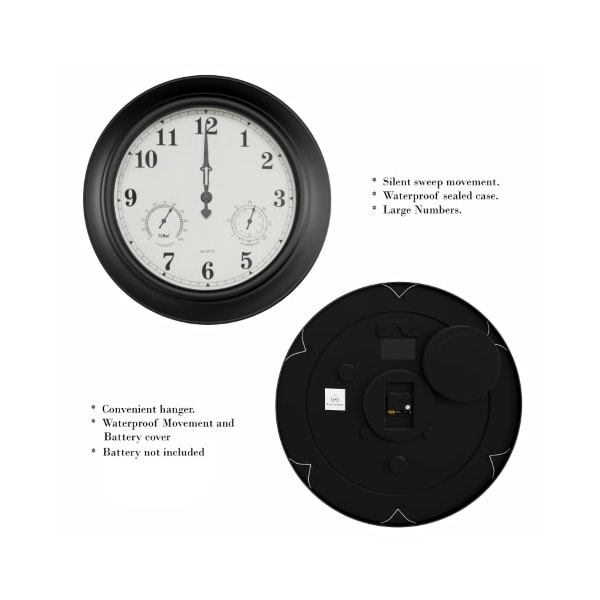 Nature Spring Wall Clock Thermometer, Indoor/Outdoor Decorative 18-inch Quartz Battery-Powered, Waterproof - 106171GRO