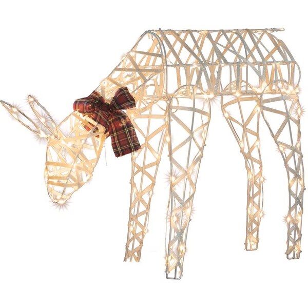 Celebrations Sienna LED White 24 in 3D Wire Deer with Red Plaid Bow Yard Decor - R6404129