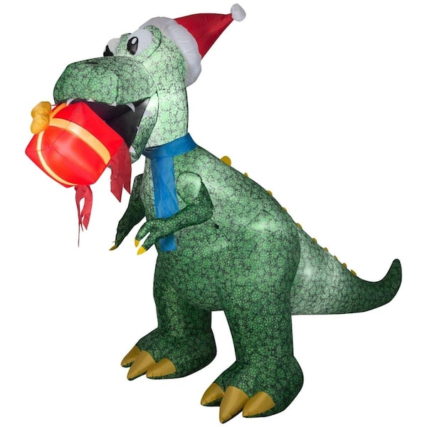 Gemmy Industries 7.5 ft. Animated Christmas Airblown Inflatable T Rex with Present, Green - 664706